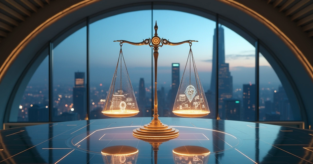 Balança luminosa equilibrando tecnologia em cenário futurista 