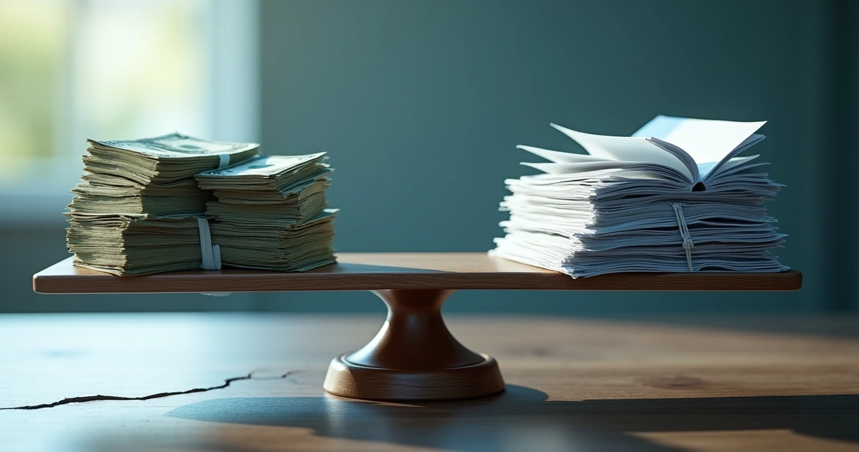 Balança com dinheiro de um lado e gestão empresarial do outro 