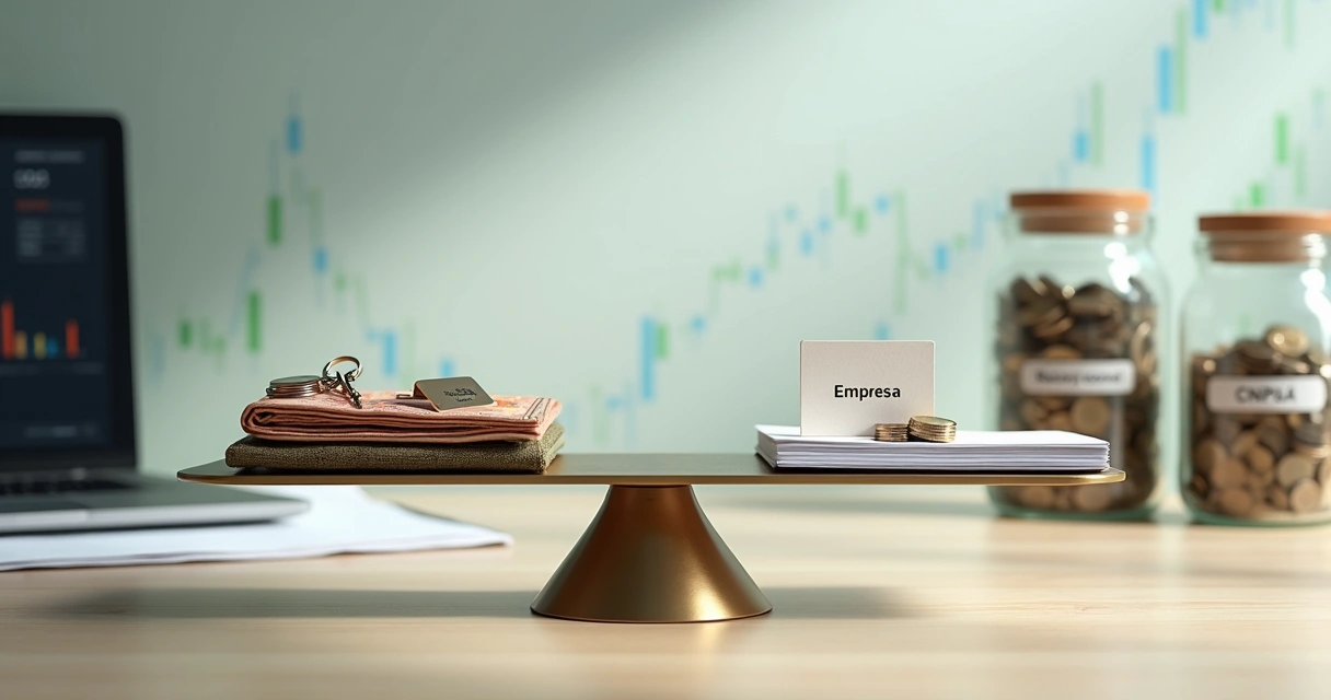 Balança dividindo finanças pessoais e empresariais em mesa de escritório moderna 