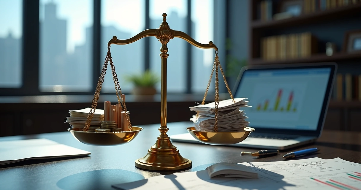 Balança de justiça equilibrando dinheiro e documentos de escritório jurídico 