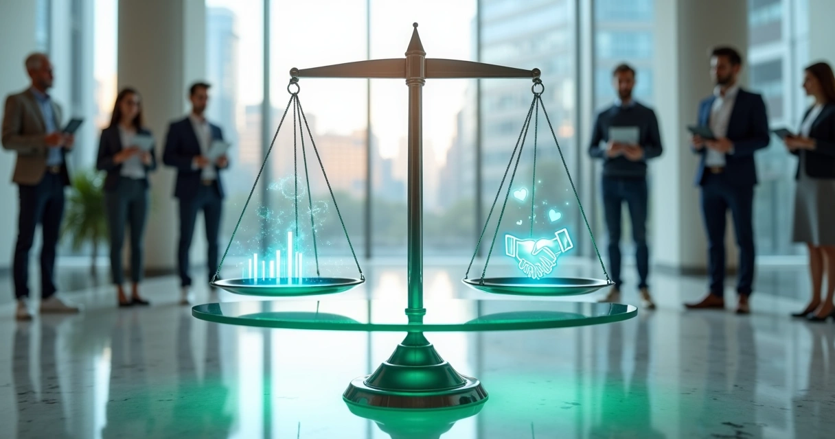 Executivos observam grande balança transparente com indicadores luminosos de ética 