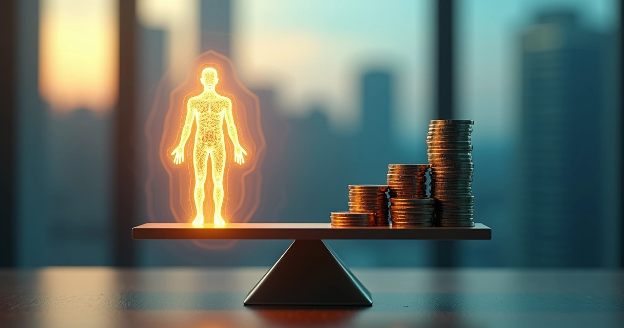 Balança comparando silhueta humana e símbolos de capital financeiro 