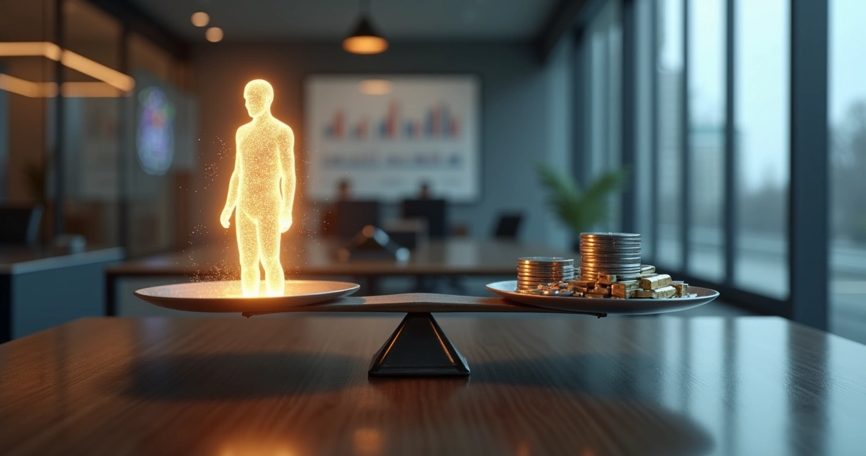 Balança com silhueta humana de um lado e moedas do outro em ambiente corporativo 