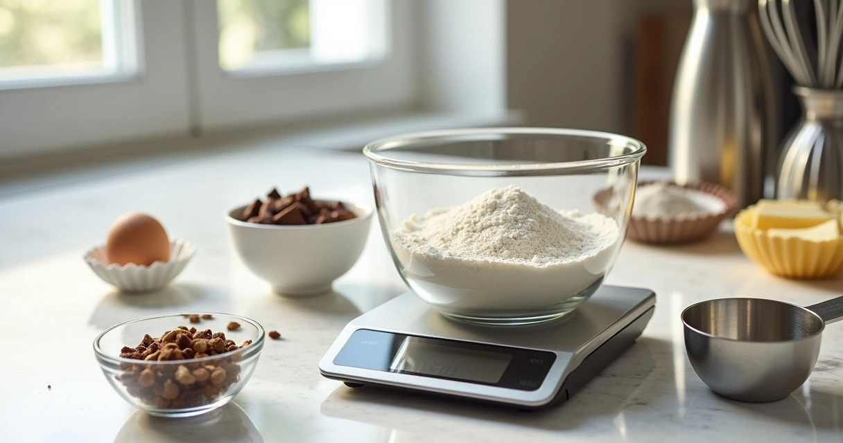 Balança digital pesando ingredientes na bancada 