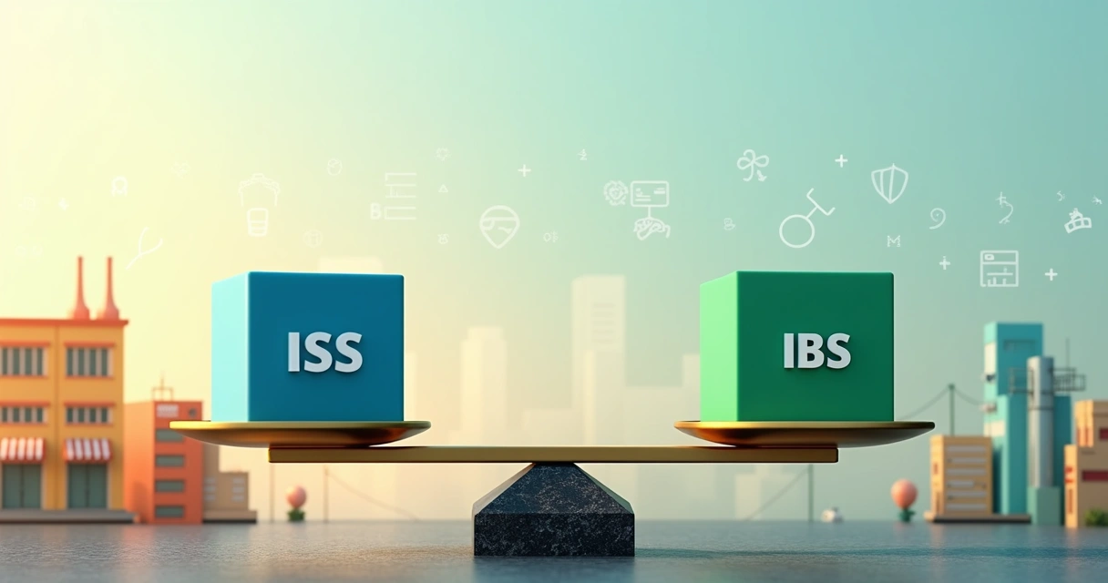 Balança dourada com cubos marcados ISS e IBS em cenários urbanos distintos 