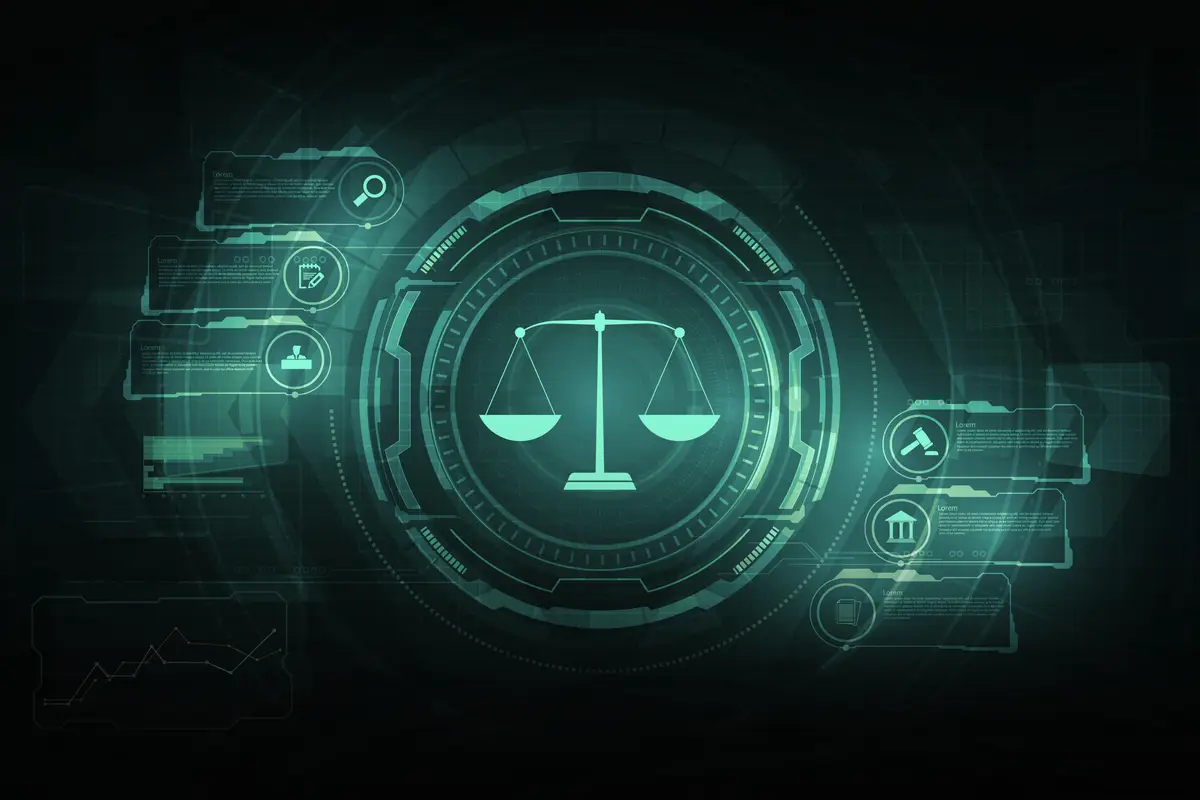 Símbolo da balança da justiça em interface digital futurista com ícones jurídicos e gráficos verdes
