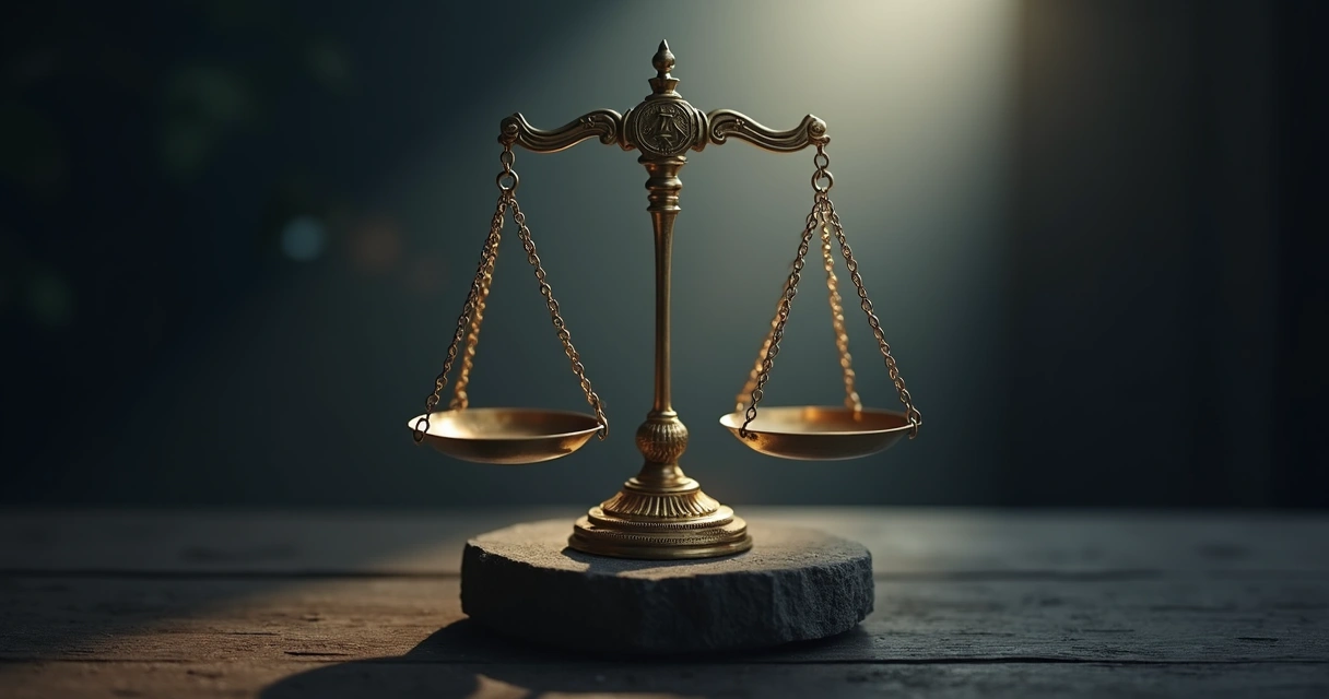Balança da justiça em fundo escuro com luz enfatizando equilíbrio e símbolos do direito 