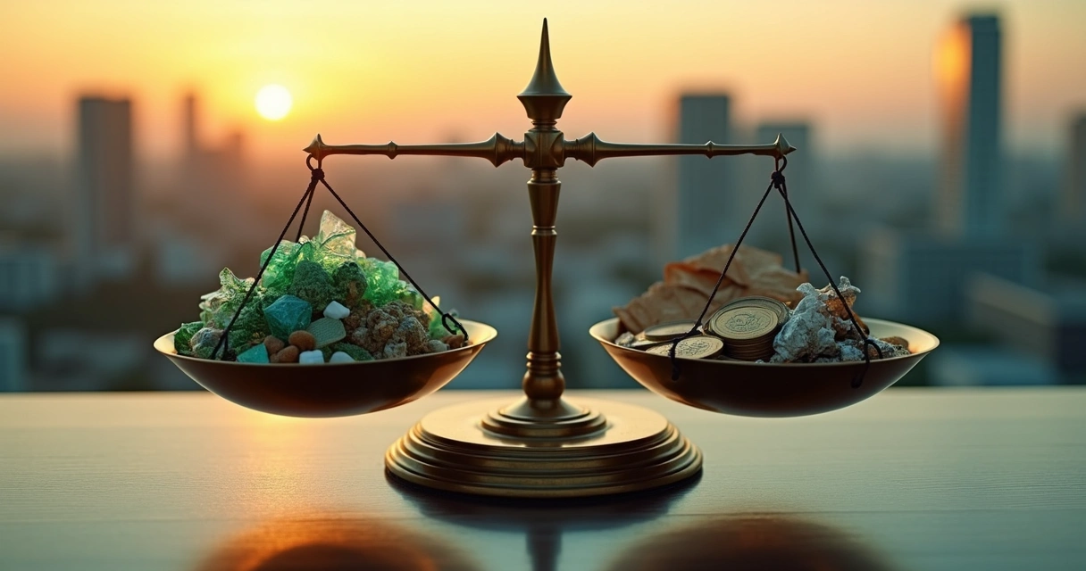 Balança de justiça equilibrando recicláveis e impostos em cenário urbano brasileiro 