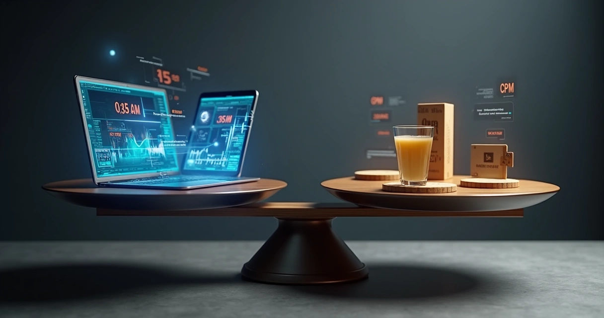 Balança comparando tela digital com mesa de bar com porta-copos de anúncios 