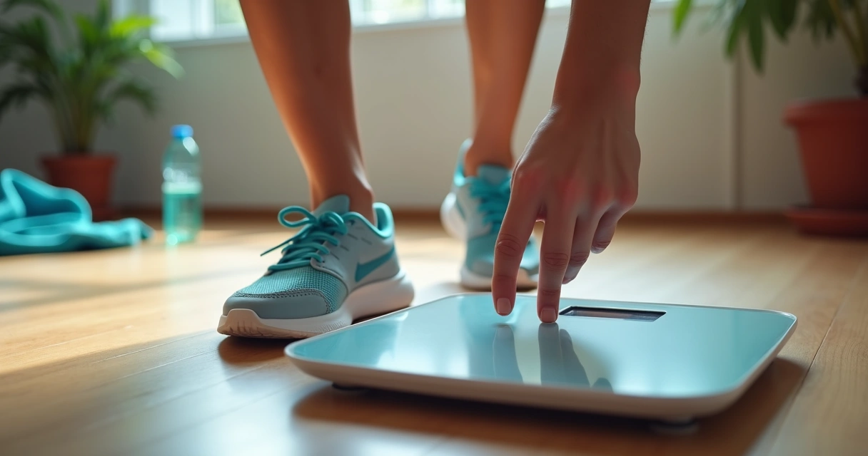 Pessoa ajustando uma balança digital durante processo de emagrecimento