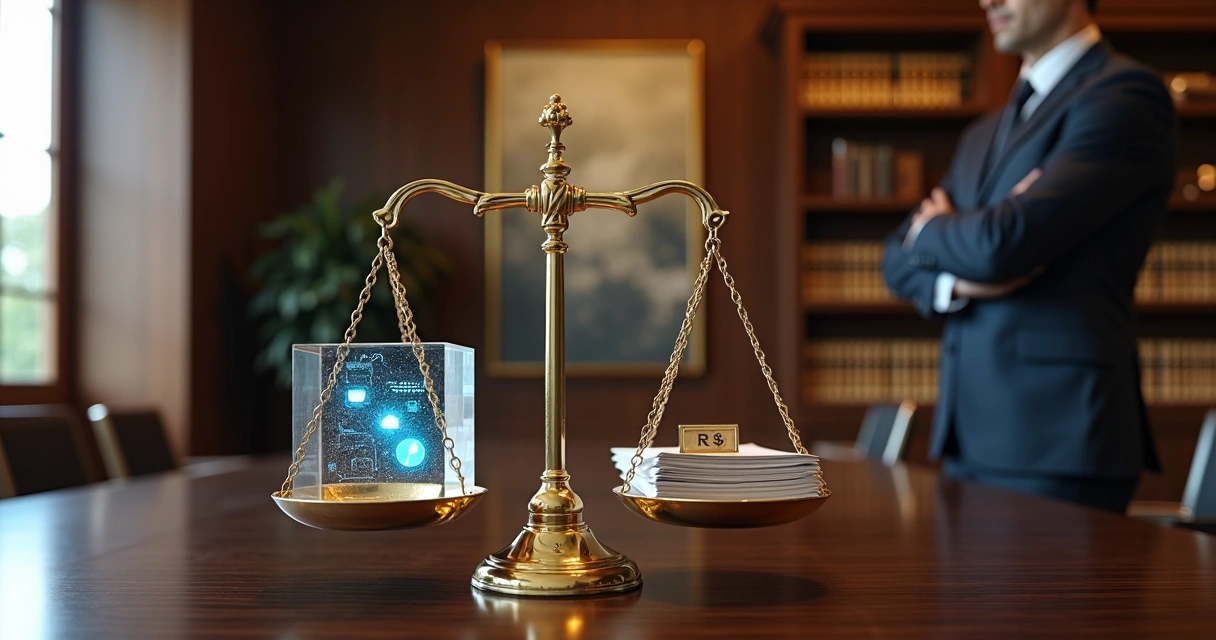Advogado observando balança com provas digitais e custos em equilíbrio 