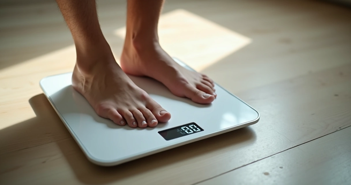 Pés masculinos em cima de uma balança de peso digital 