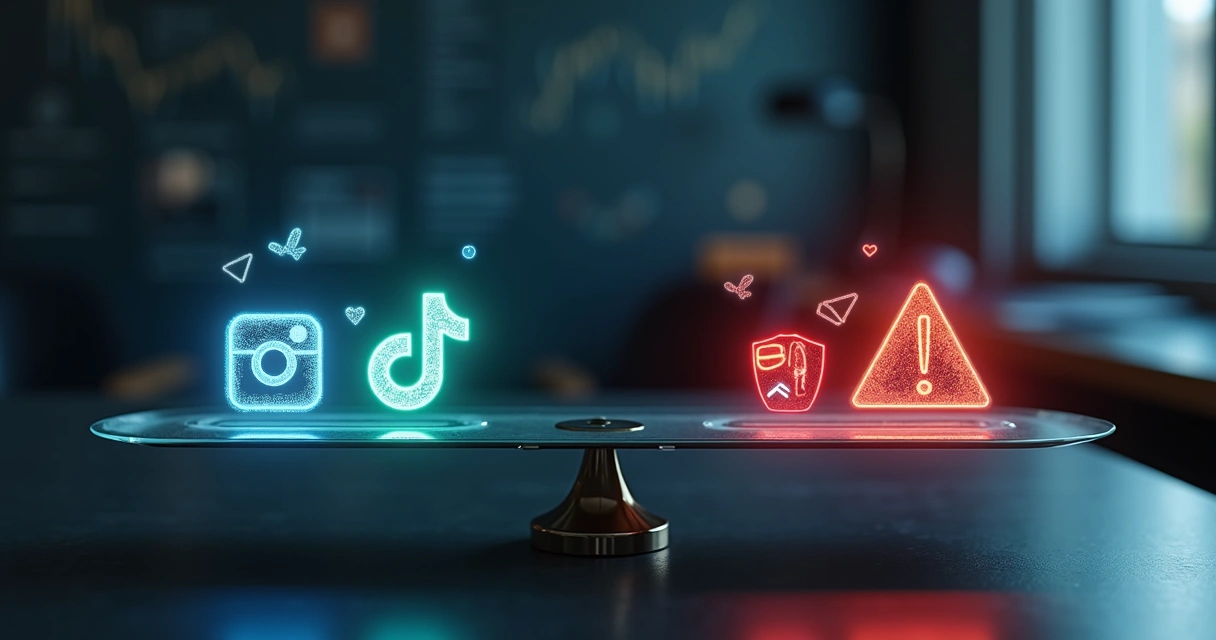 Balança digital equilibrando redes sociais e sinais de alerta 