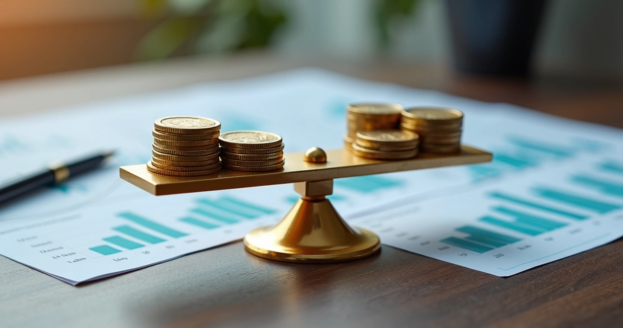 Balança dourada equilibrando moedas e documentos fiscais com gráficos financeiros ao fundo