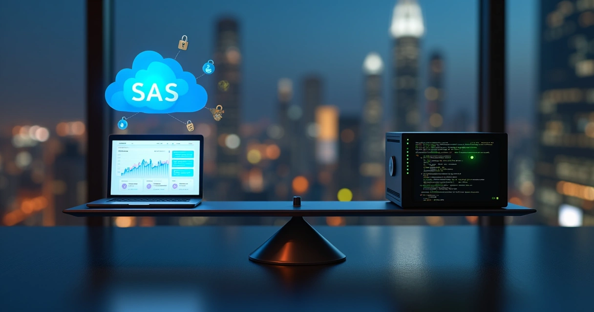 Balança comparando software financeiro em nuvem e solução open source auto-hospedada 
