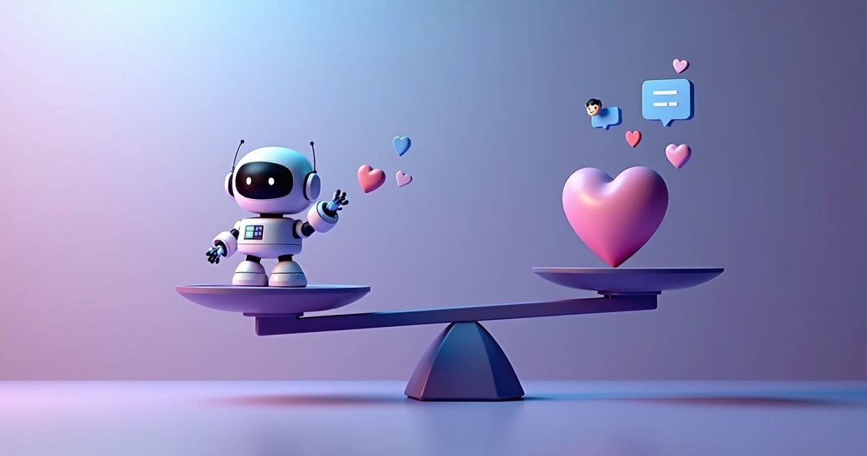 Balança equilibra ícones humanos e digitais 