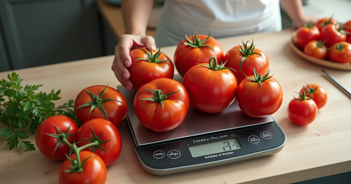 Tomates de diferentes tipos em balança de cozinha