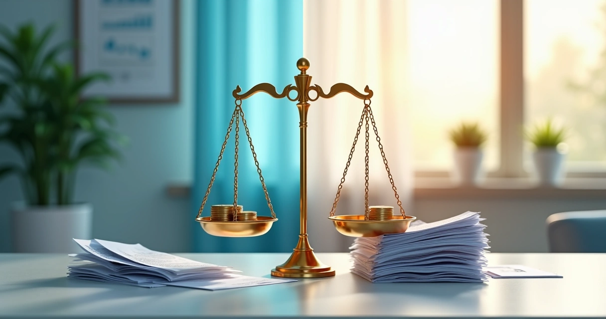 Balança comparando crescimento de clínica e carga tributária