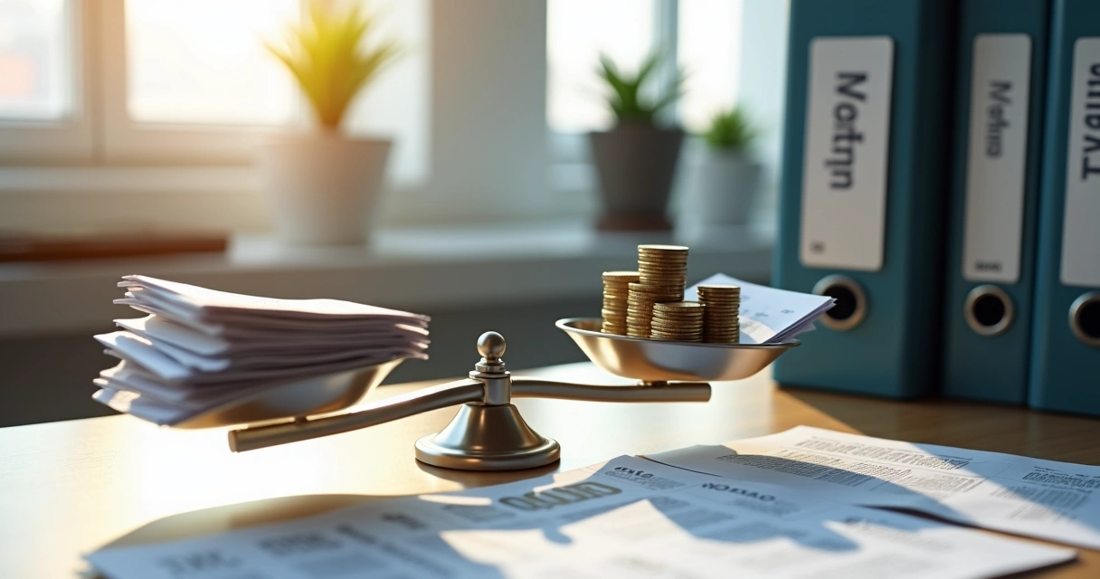 Balança com moedas de um lado e papéis de impostos do outro