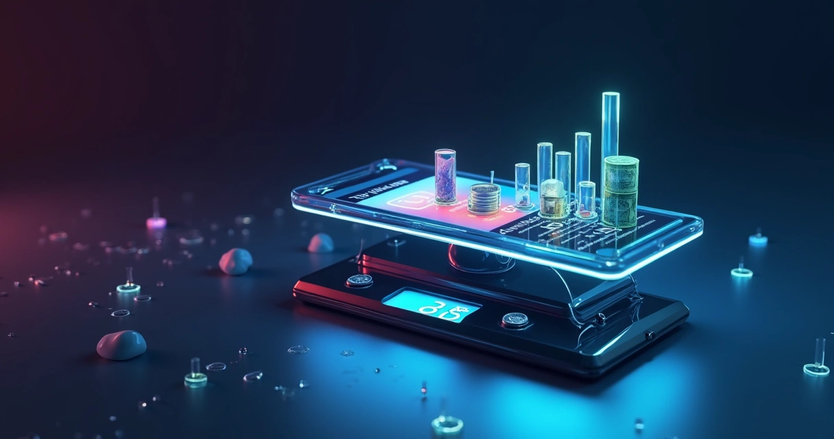 Balança de vidro transparente pesando conta de Instagram contra ícones de dinheiro digitais 