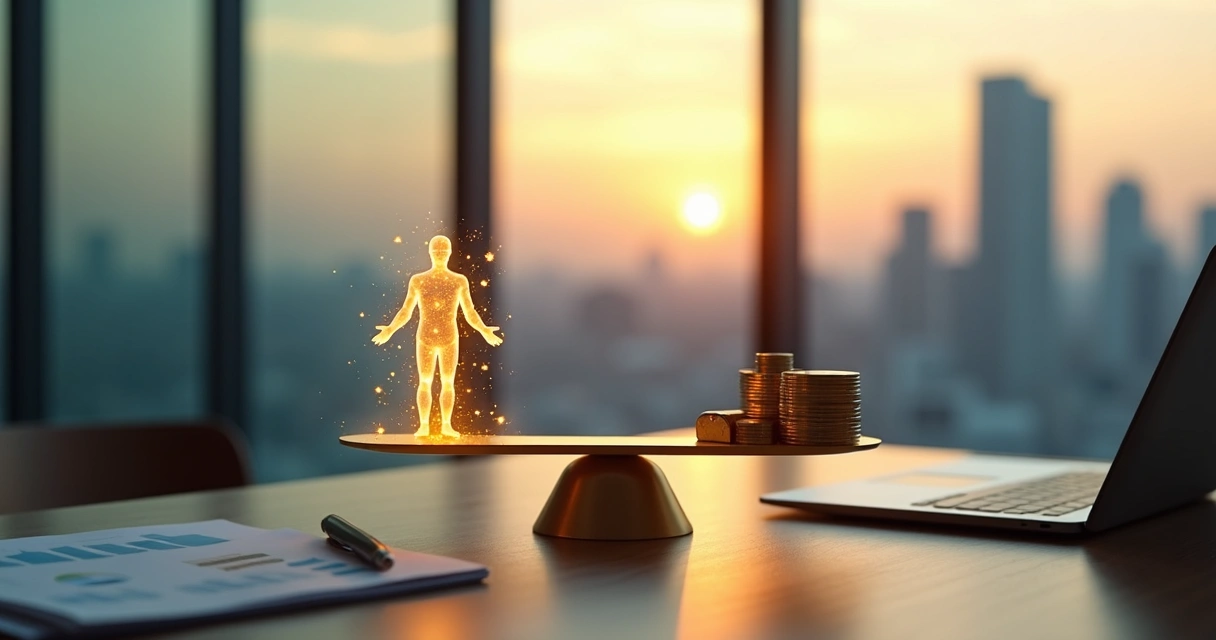 Balança comparando silhueta humana com símbolos de dinheiro em ambiente corporativo moderno 