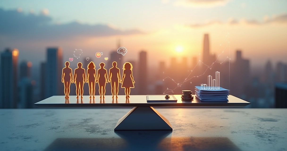 Balança comparando silhuetas humanas e ícones financeiros em fundo urbano moderno 