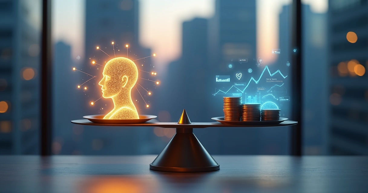 Balança comparando valor humano e gráficos financeiros 