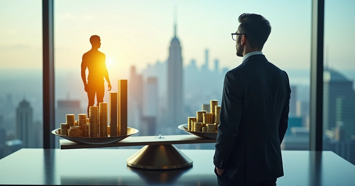 Executivo em pé diante de balança com pessoa de um lado e símbolos financeiros do outro 