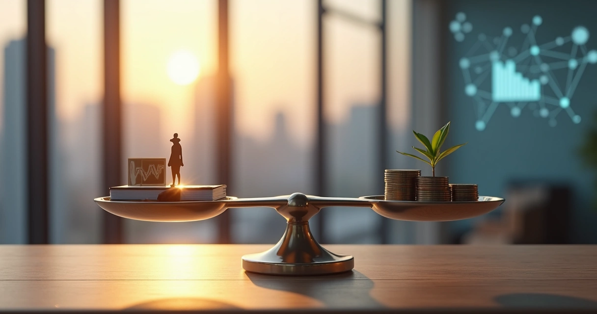 Balança comparando valor humano e valor financeiro em ambiente corporativo 