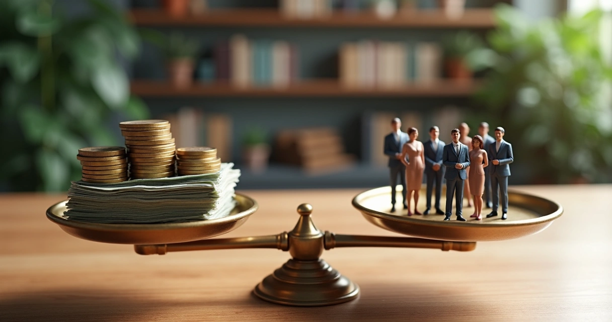 Balança equilibrada com dinheiro em um lado e pessoas do outro 