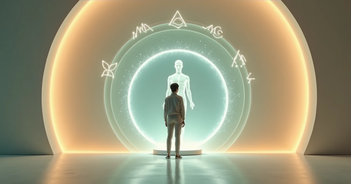 Pessoa observa silhueta própria dentro de balança futurista com dados e luzes ao redor 
