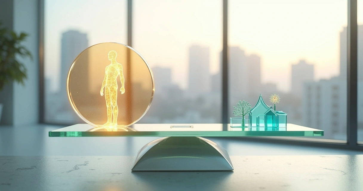 Balança moderna pesando silhueta humana luminosa e ícones de impacto social 