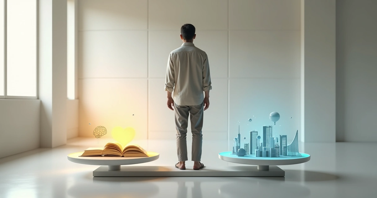 Pessoa em pé diante de uma balança que compara valor pessoal e valor social 