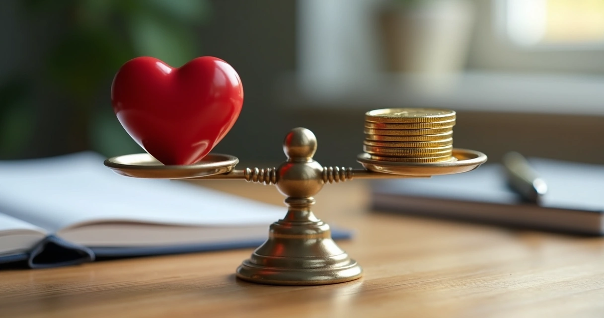 Balanced scale holding a heart on one side and a gold coin on the other, subtle focus. 