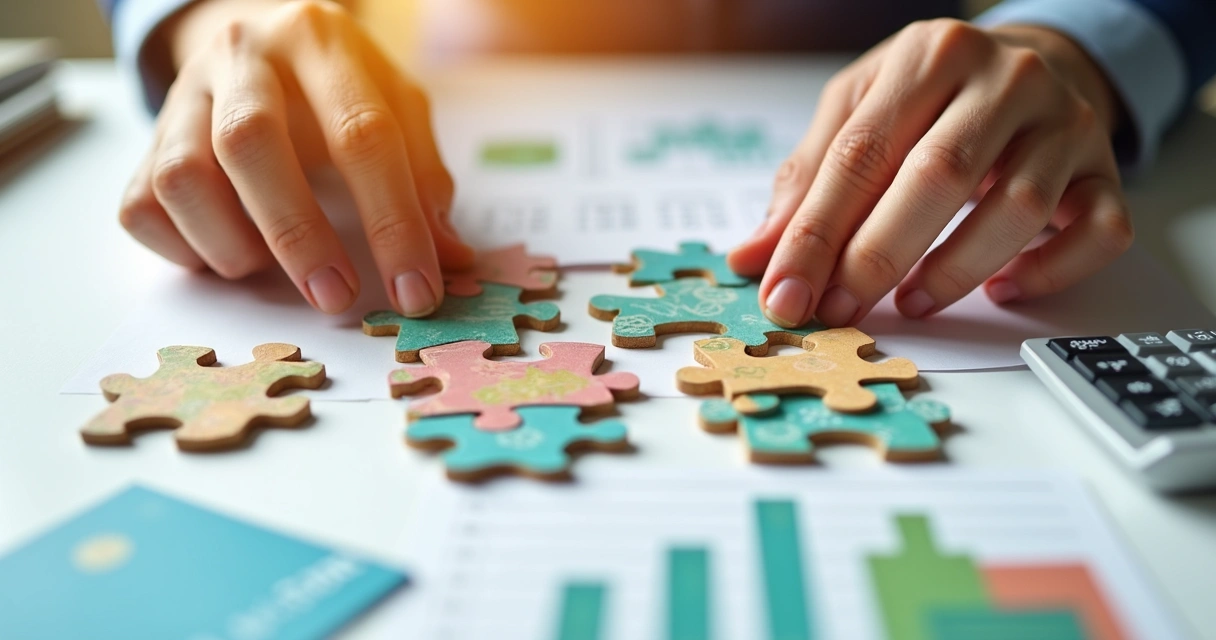 Manos colocando piezas de rompecabezas de finanzas personales 