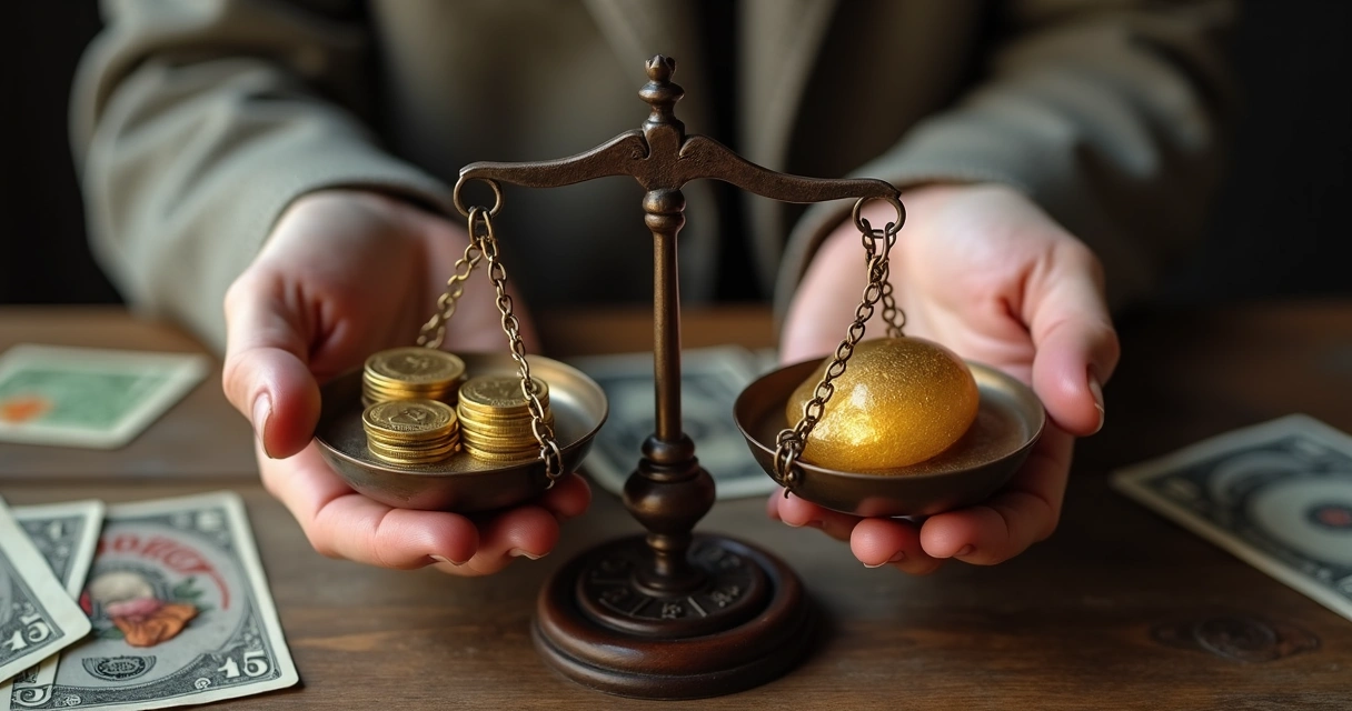 Hands balancing coins and a glowing heart on scales. 