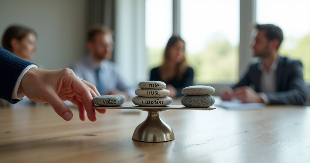 Hands placing stones on a balanced scale in a group setting 