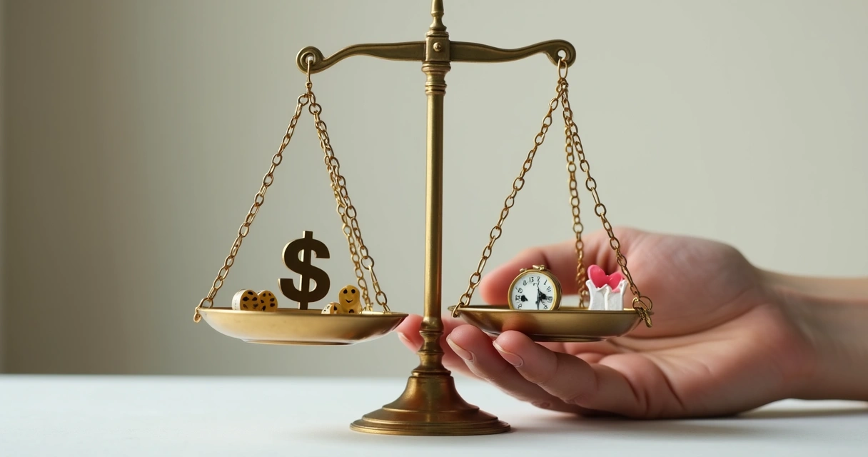 Hand weighing numbers against human values on a balance scale