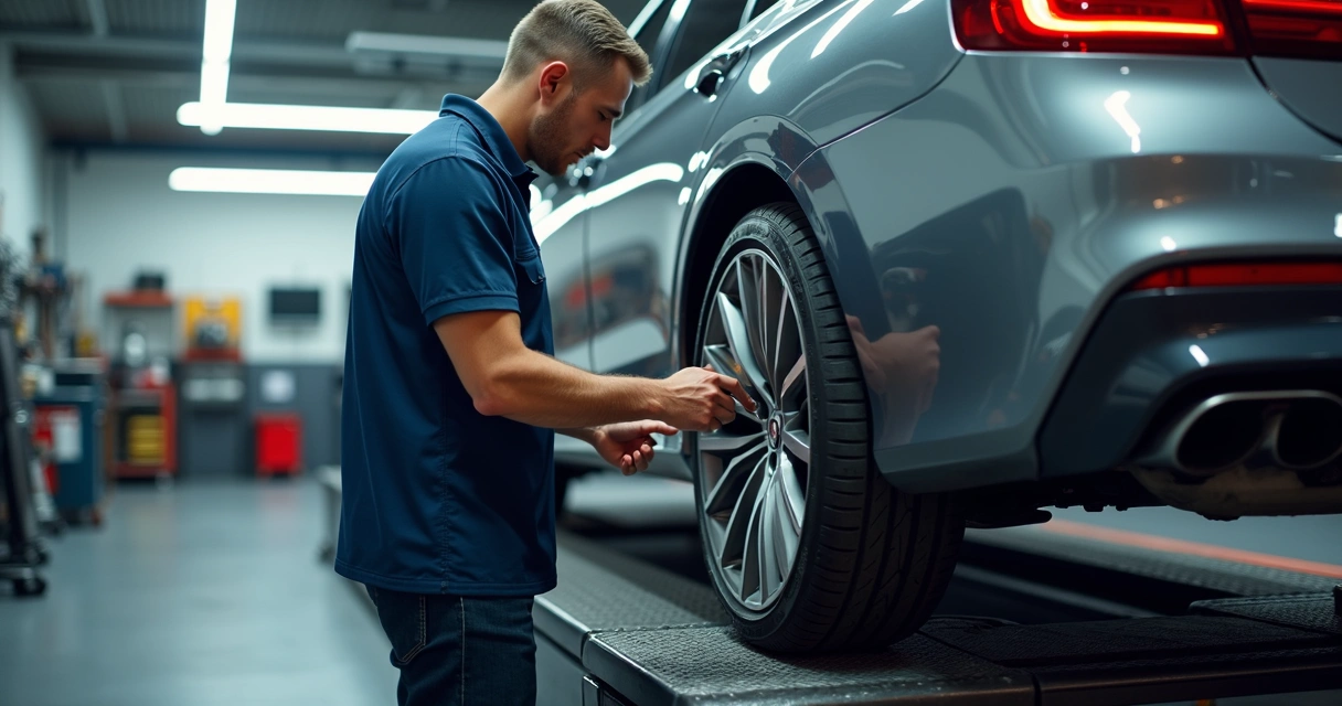 Técnico especializado realizando balanceamento de pneu com equipamento moderno em oficina automotiva limpa e organizada 