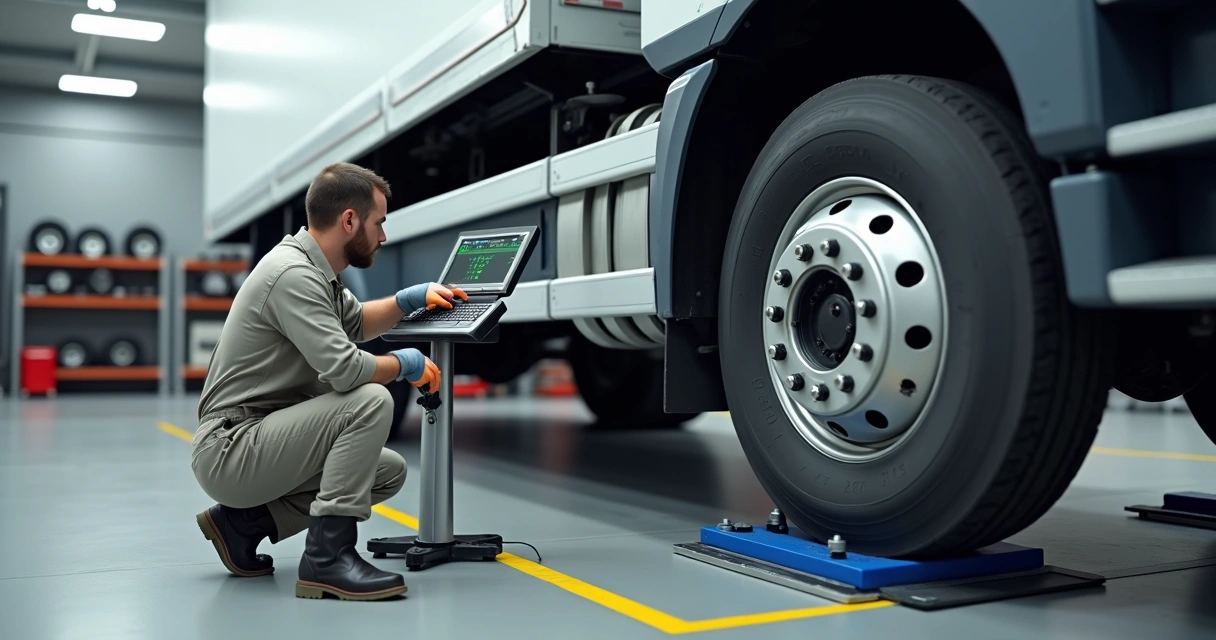 Técnico realizando balanceamento de roda de caminhão em máquina especializada 