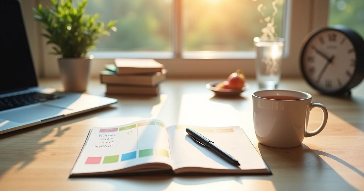 Organized desk with day planner, tea and soft morning light 