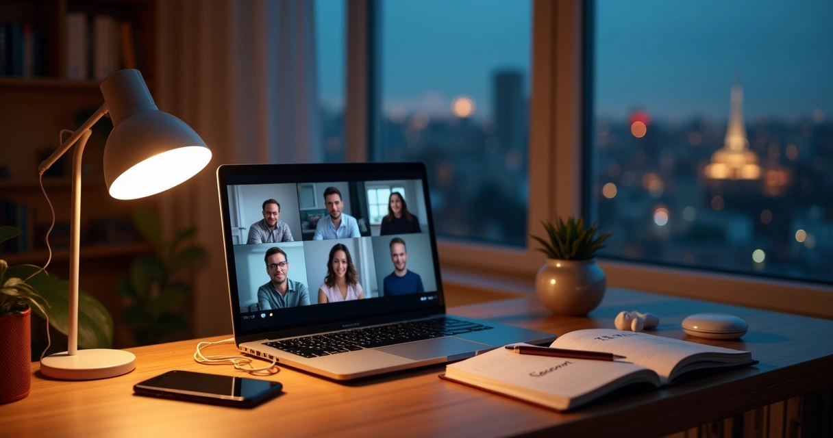 Laptop on desk showing calm group video chat at night 