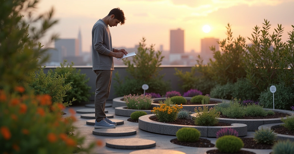 Person tending a glowing garden of symbols representing organized emotions 