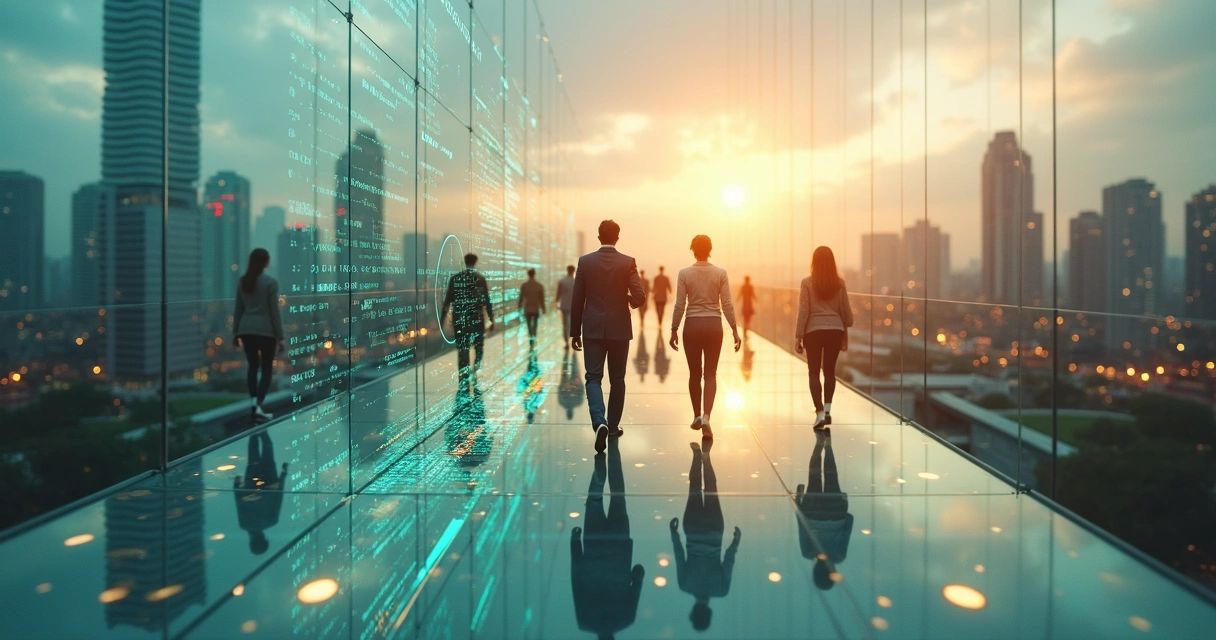 People crossing a glass bridge made of spreadsheets between stormy and calm cityscapes 