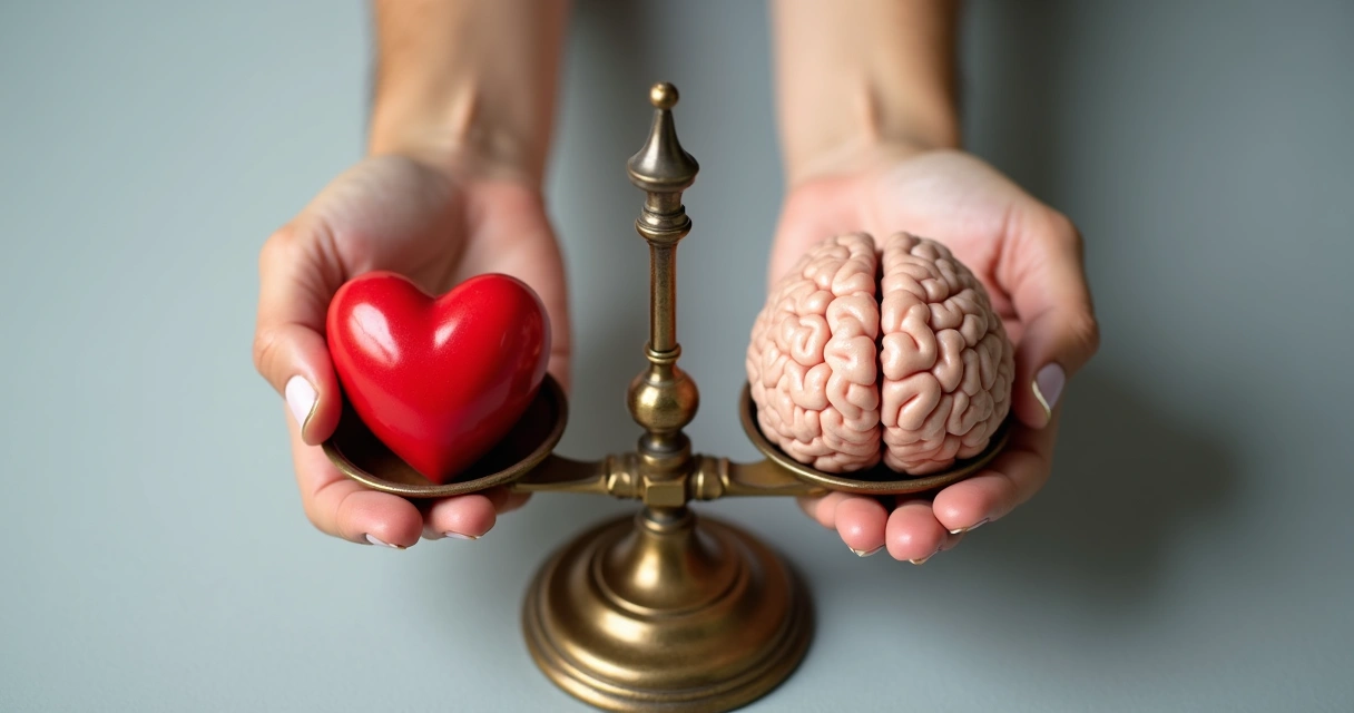 Two hands holding a heart and a brain balanced on a scale