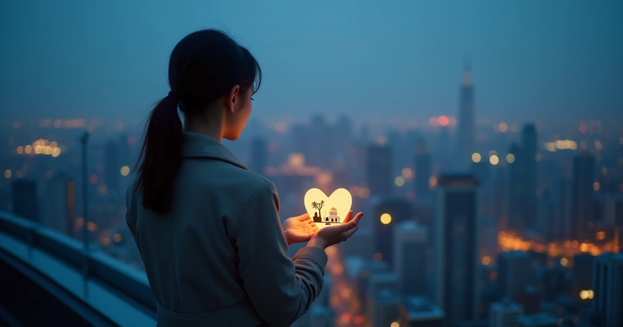 Adult holding glowing heart scale overlooking city at night 