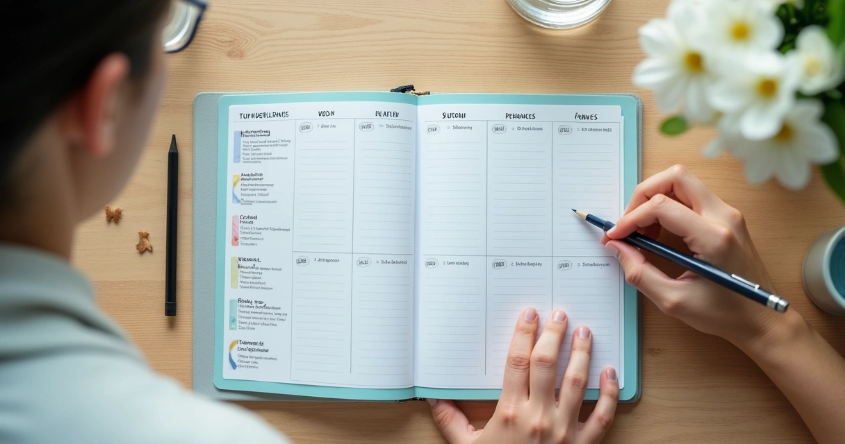 Person reviewing a planner with icons for health work and relationships 