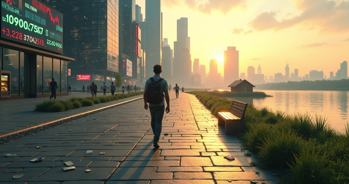 Person walking on path between chaotic city of money and calm nature landscape 