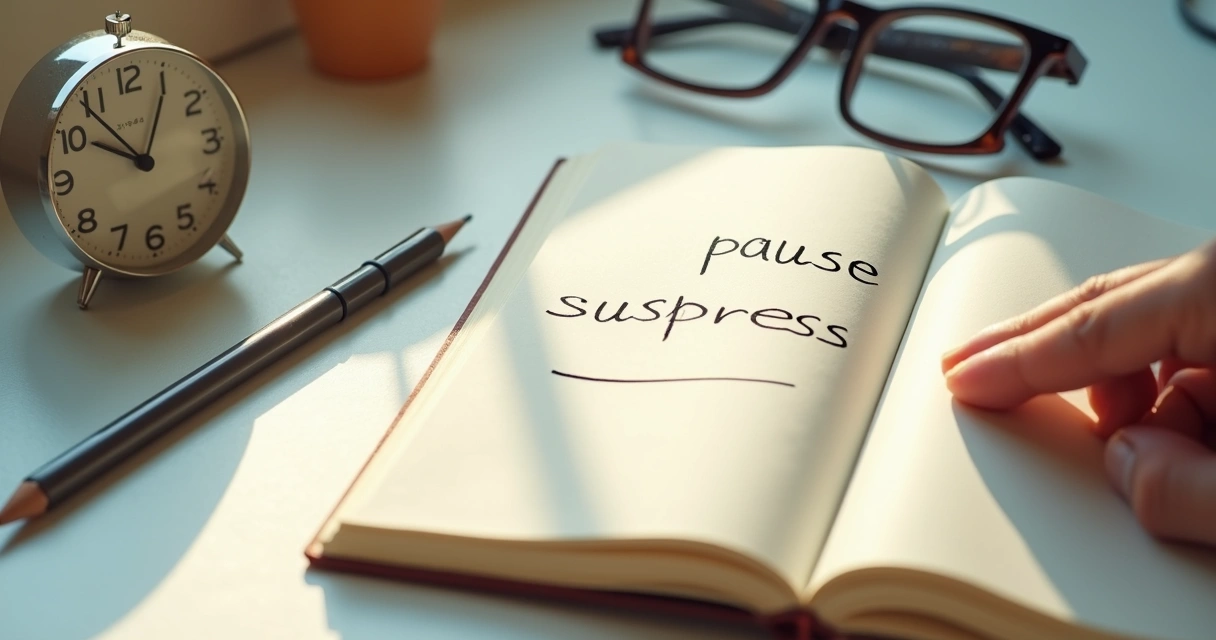 Notebook with two paths labeled pause and suppress 