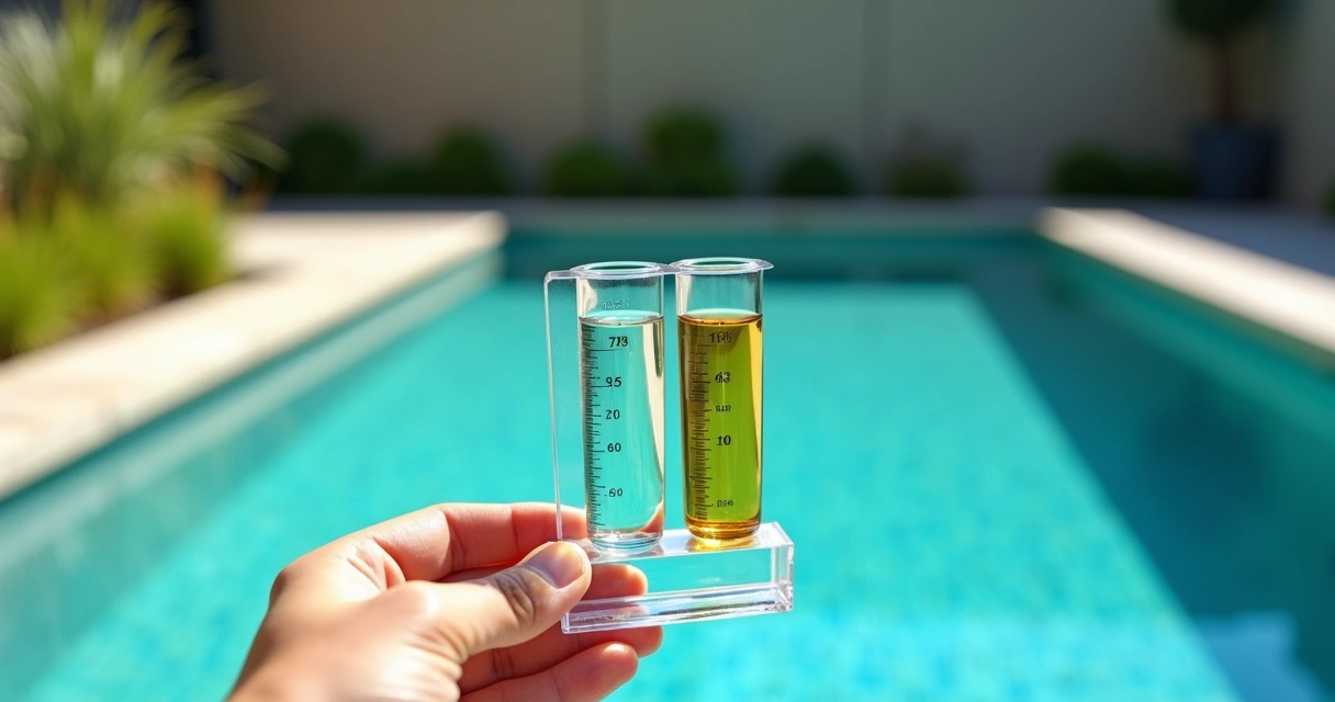 Hand holding alkalinity test vials above calm blue pool water 